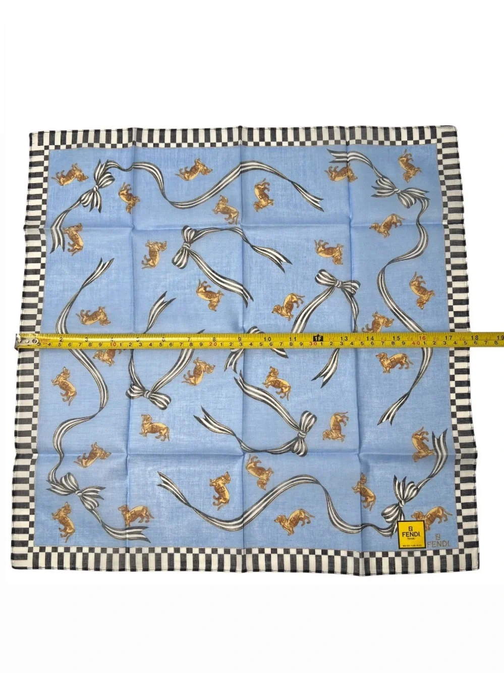 Fendi Logo Vintage Dachshund Dog Ribbon Checkerboard Print Handkerchief Scarf